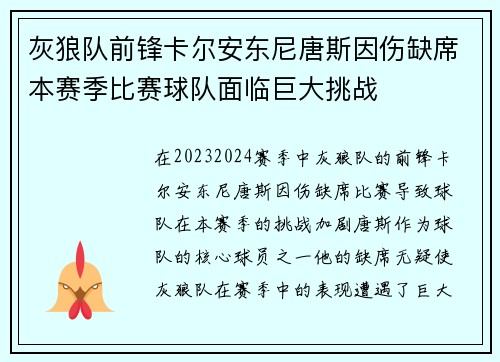 灰狼队前锋卡尔安东尼唐斯因伤缺席本赛季比赛球队面临巨大挑战