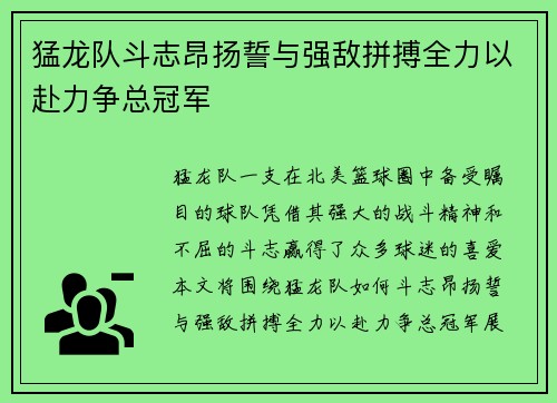 猛龙队斗志昂扬誓与强敌拼搏全力以赴力争总冠军