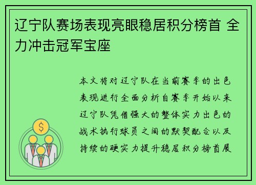 辽宁队赛场表现亮眼稳居积分榜首 全力冲击冠军宝座